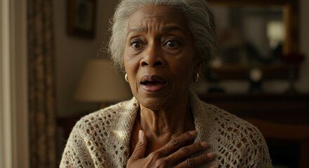 An elderly African American woman with gray hair looks surprised and concerned, with her hand slightly raised to her chest, indoors.