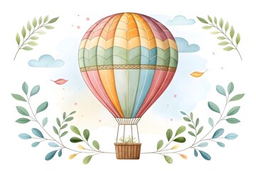 Whimsical hot air balloon with floral branches and clouds