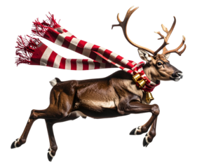 Reindeer Leaping with Scarf and Bells, Dynamic Holiday Scene, Transparent Background PNG