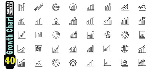 Collection of 40 black and white line art growth chart icons business