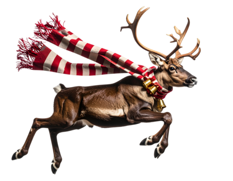 Reindeer Leaping with Scarf and Bells, Dynamic Holiday Scene, Transparent Background PNG