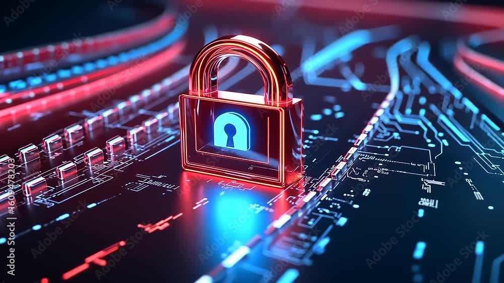 Aufkleber digital padlock symbolizing cybersecurity on a futuristic circuit board background with glowing line