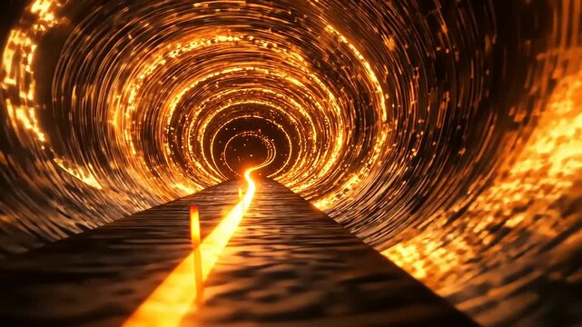 Glowing spiral tunnel with radiant orange and yellow light, leading into a mysterious abyss