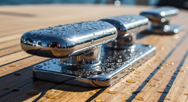 A detailed close-up of a wet chrome mooring cleat on the teak wood deck of a luxury sailing yacht.