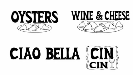 Oysters wine cheese ciao bella cin cin food drink restaurant menu italian cuisine gourmet seafood delicious plate - vector illustration