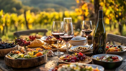 Wine bottles with glass and traditional food arranged on rustic table in vineyard setting