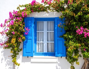 A bright window with vibrant bougainvillea