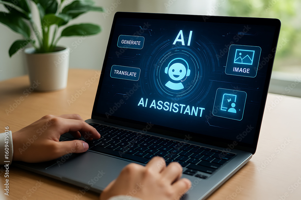 Poster ai assistant interface on laptop screen, digital helper, artificial intelligence, and smart technolo