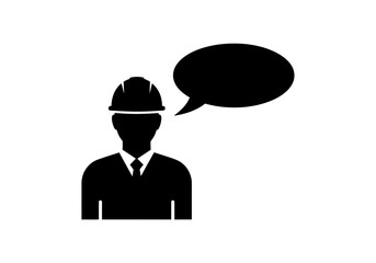 Silhouette of an engineer with a speech bubble, isolated on white background