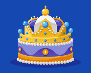 Ornate crown cake with blue and white pearls on blue background