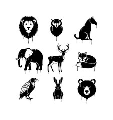 Clean Animal Graffiti Vector Set – Features Lion, Owl, Horse, Cat, Elephant, Fox, Deer, Eagle, Rabbit and Bear in Black & White Stencil with Drip Effect