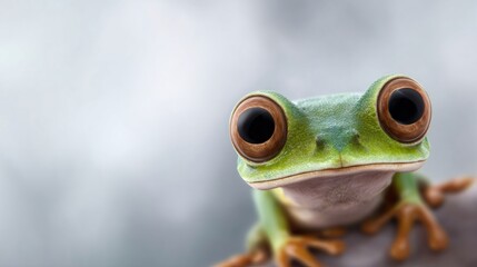 Curious frog with big eyes stares intently from branch