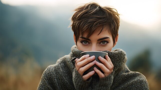 Woman with short hair drinking coffee outdoors face hidden peaceful moment in nature for lifestyle or calm theme