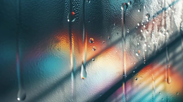 Close-up misty glass surface water droplets drip trails, rainbow chromatic light diagonal shadows, soft organic texture overlay, white wall high-res photo cinematic ambient glow 4k