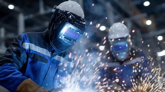 A flame-resistant suited welder and a technician with a HUD visor collaborate, using ultrasonic testing amidst brilliant flashes of light.