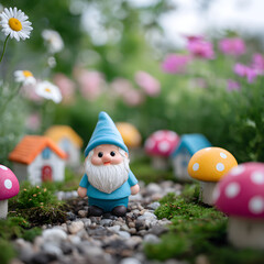 Garden gnome standing on gravel path in fairy garden setting