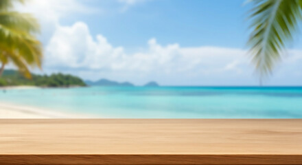 Fototapeta premium Tropical Beach Paradise Wooden Tabletop with Ocean View Background