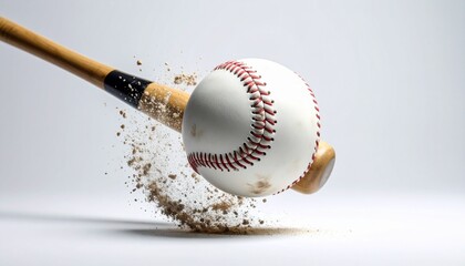 野球ボール バット 衝撃 瞬間 スポーツ 飛沫 塵 土 運動 試合 野球 打つ 躍動感 スイング 白背景 動感 練習 強打 パワフル 球場