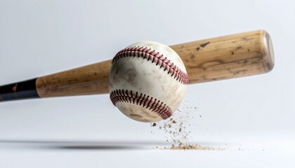 野球ボール バット 衝撃 瞬間 スポーツ 飛沫 塵 土 運動 試合 野球 打つ 躍動感 スイング 白背景 動感 練習 強打 パワフル 球場