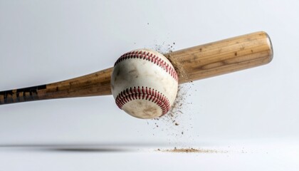 野球ボール バット 衝撃 瞬間 スポーツ 飛沫 塵 土 運動 試合 野球 打つ 躍動感 スイング 白背景 動感 練習 強打 パワフル 球場