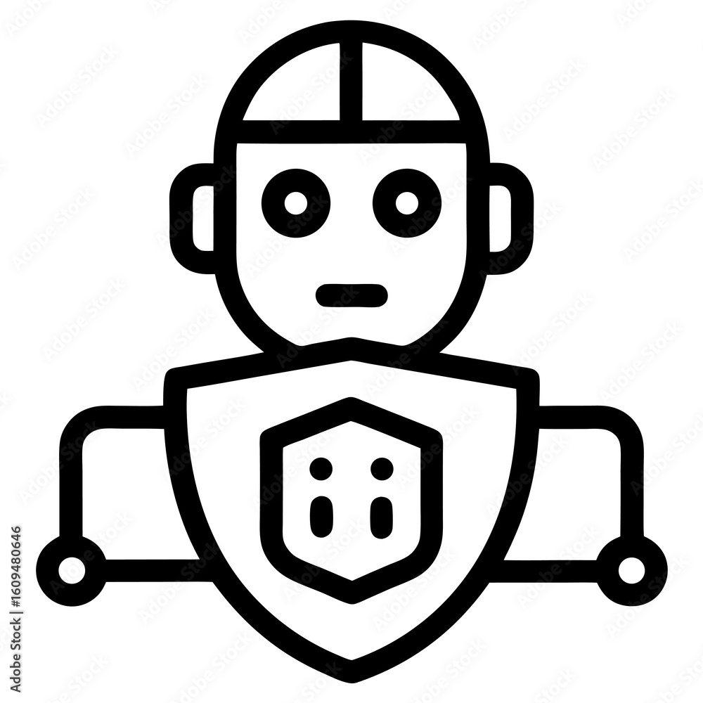 Poster ai security bot outline icon – black vector for digital defense & automation