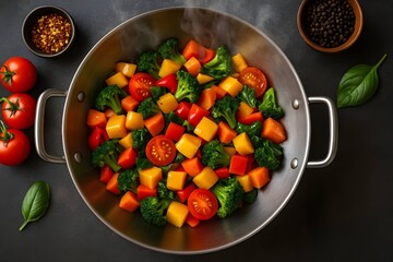 Colorful stir-fried vegetables in pan with herbs and spices

