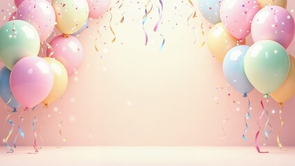 Colorful balloons and confetti creating a festive background. Celebration, birthday, or party concept with soft light and elegant minimal composition