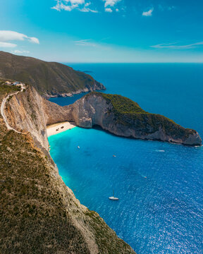 Aerial Panoramic View of Navagio Beach (Shipwreck Beach) in Zakynthos, Greece &ndash; Stunning Cliffs, Turquoise Waters, and Iconic Shipwreck Surrounded by the Ionian Sea