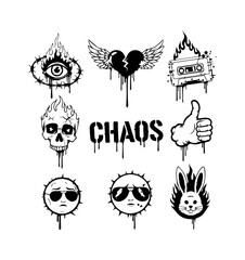 Chaos Themed Graffiti Vector File featuring Eye, Skull, Wings, Thumbs Up, Sunglasses, Fire and 'CHAOS' Typography – All in Urban Drip Ink Style