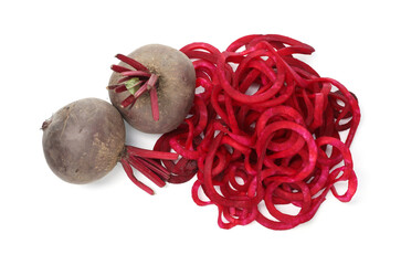 Raw beetroot noodles and fresh vegetables isolated on white, top view. Vegetarian dish