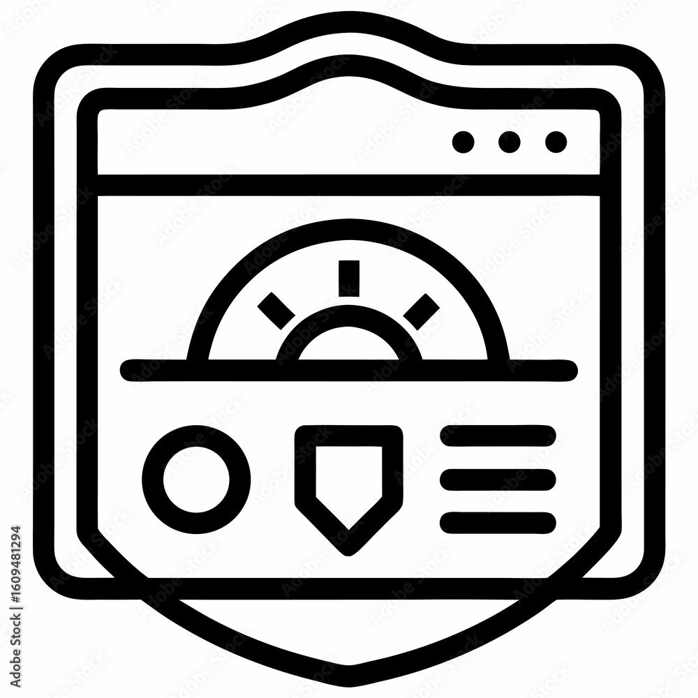 Poster digital security analytics symbol – line art icon for system overview & alerts