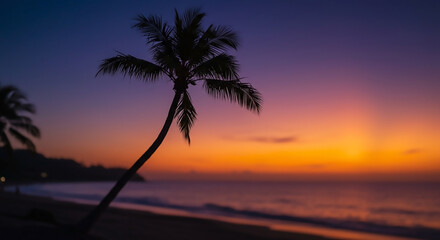 Stunning tropical sunset over the ocean with a silhouetted palm tree on the beach, featuring a vibrant purple and orange sky. image_0010.jpg