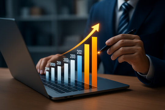 Businessman analyzing growth chart on laptop, financial success, business analytics, data visualization, and profit increase concept