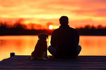 a man and his dog sitting on a dock at sunset