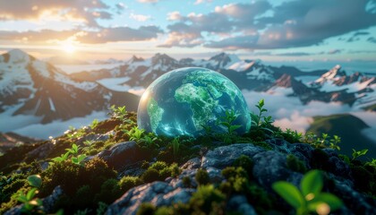 A glowing Earth hologram rests on lush green moss in a mountain landscape