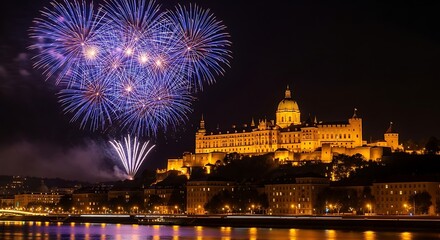 Blue and purple fireworks explode over a brightly lit castle at night celebration city