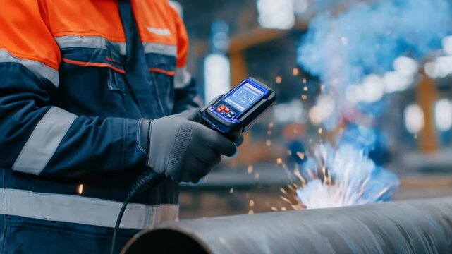 Industrial technician conducts ultrasonic weld inspection on a thick steel pipe with a handheld scanner, amidst active welding sparks.