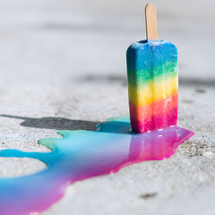 Melting rainbow popsicle creating colorful puddle on concrete