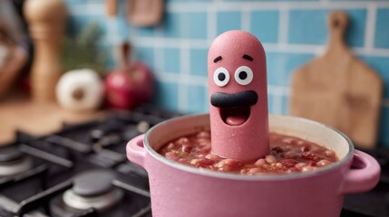 Funny sausage with mustache relaxing in a pink pot with beans in a kitchen