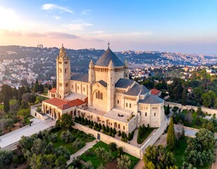 Fototapeta premium Aerial view of a large church with surrounding gardens and city