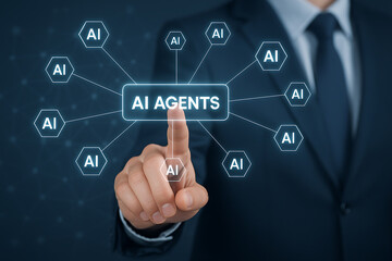 Businessman touching ai agents network on virtual screen, artificial intelligence, automation, and digital technology concept