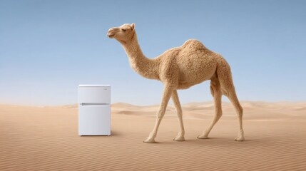 Camel walking in desert near white refrigerator, thirst, climate change, and conservation