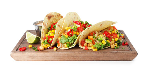 Tasty vegetarian tacos with chickpeas, corn and quinoa isolated on white