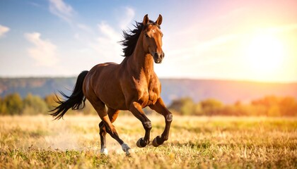 Obraz premium A brown horse running in a field at sunset