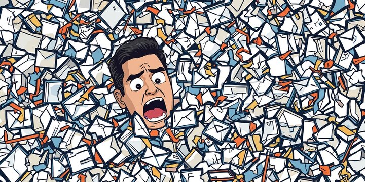 A man overwhelmed by a massive pile of mail with a distressed expression on his face buried in letters