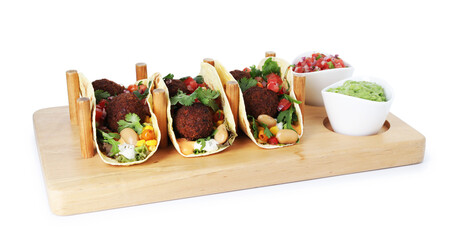 Tasty vegetarian tacos with falafel, salsa and guacamole isolated on white