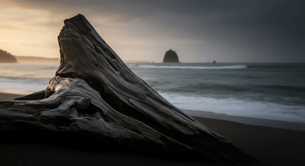 Weathered driftwood log on a remote beach with ocean waves and a distant sea stack under an overcast sky
