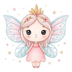 Fototapeta premium Cute watercolor fairy with wings and crown in a pink dress