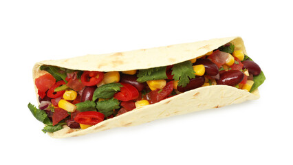 Tasty vegetarian taco with beans and vegetables isolated on white, top view