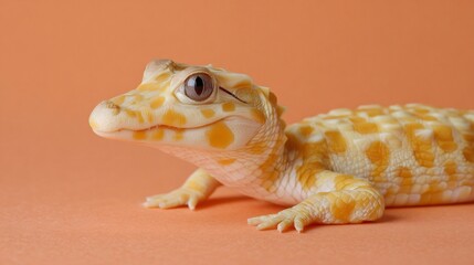 Albino crocodile hatchling resting on an orange background